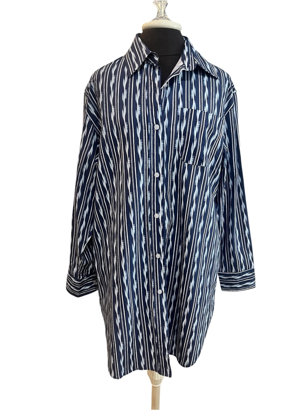John Robshaw Blue Stripe Ikat Cotton Nightshirt Medium Oversized